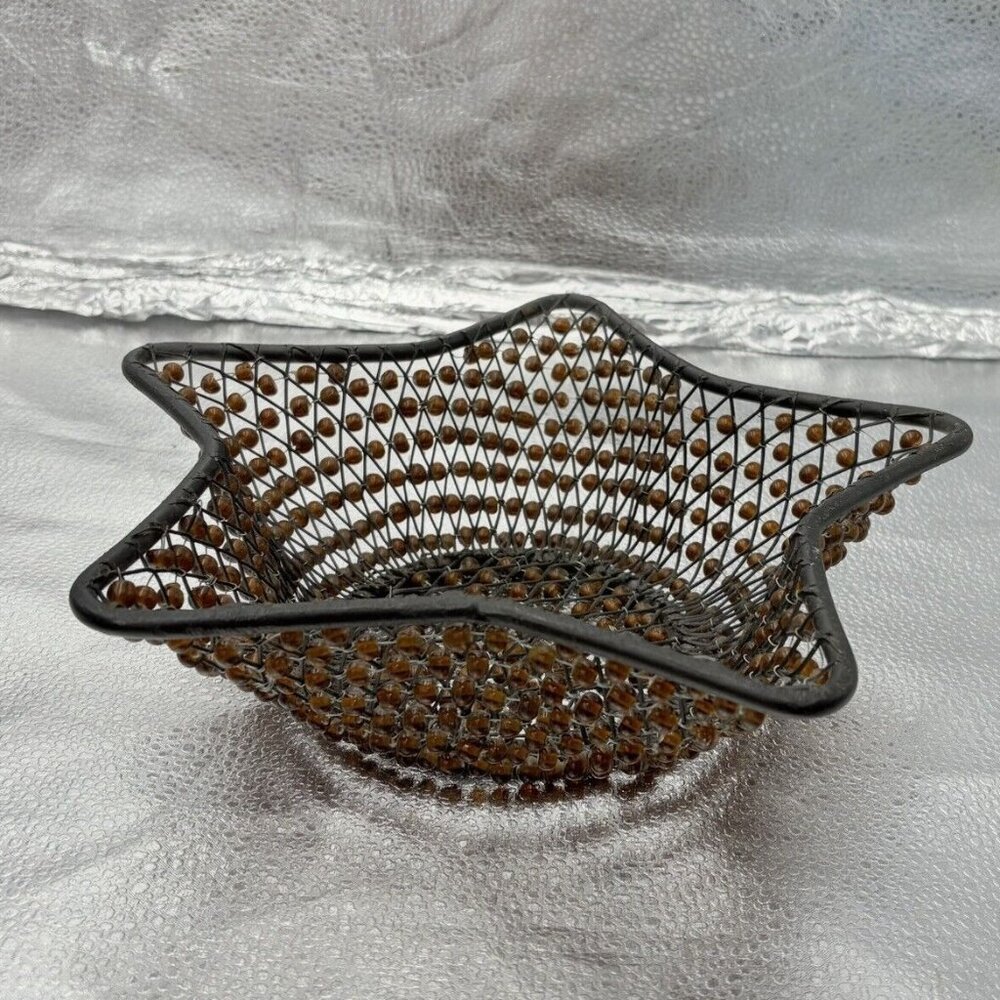 Black Metal Star Wire Basket Brown Beaded Bowl Boho Farmhouse Decor Centerpiece